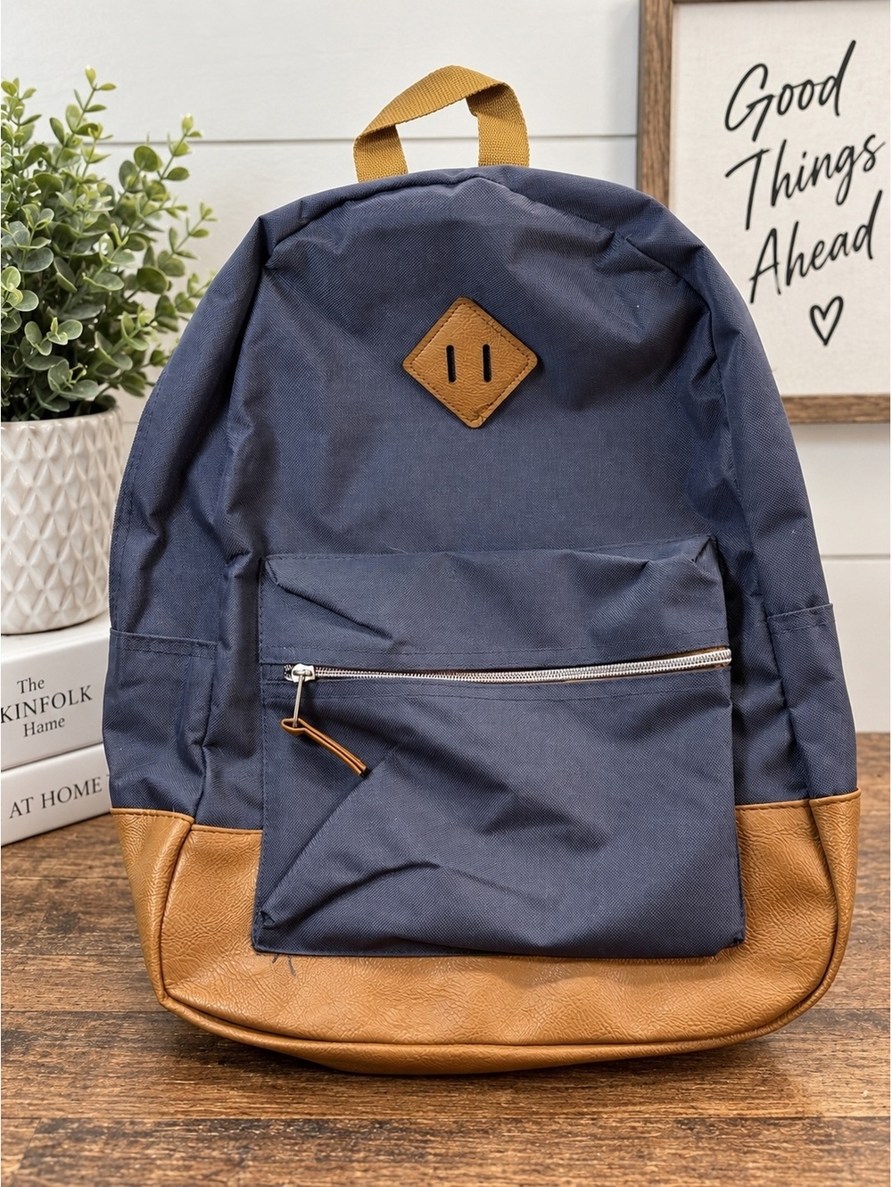 Navy Blue & Tan Faux Leather Backpack Casual School Travel Bag